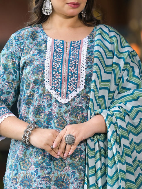 Women Plus Size Green Pure Cotton Kurta Set With Dupatta